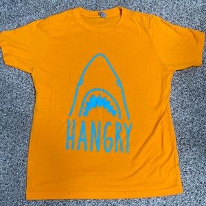 Orange and blue hangry shark graphic tee L 10/12